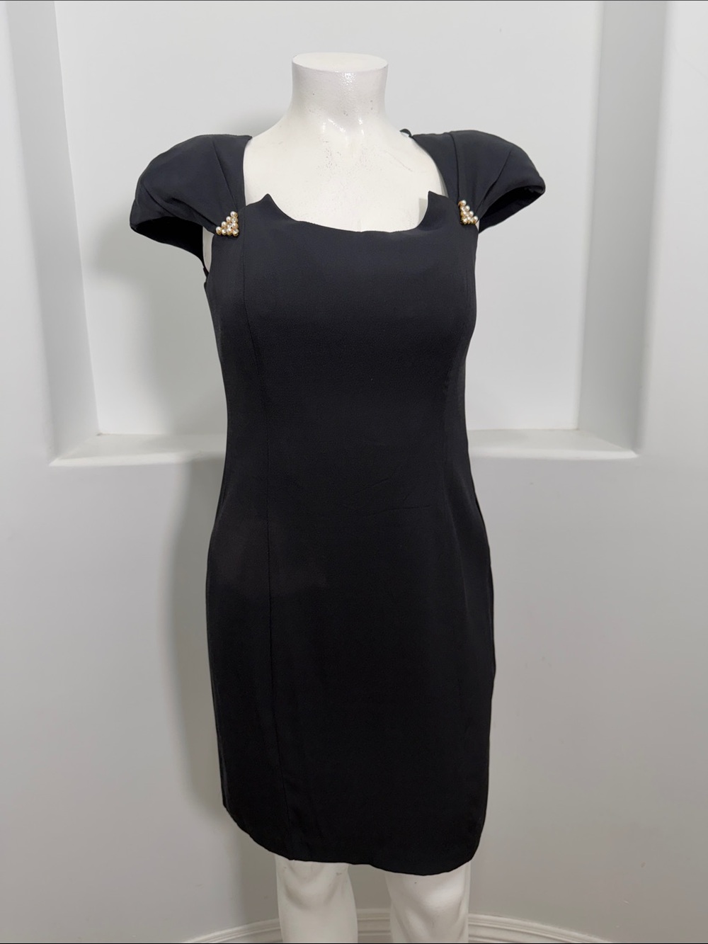 Vintage Night Way Little Black Dress Cap-Sleeve Sheath Pearl Accent Cocktail 16